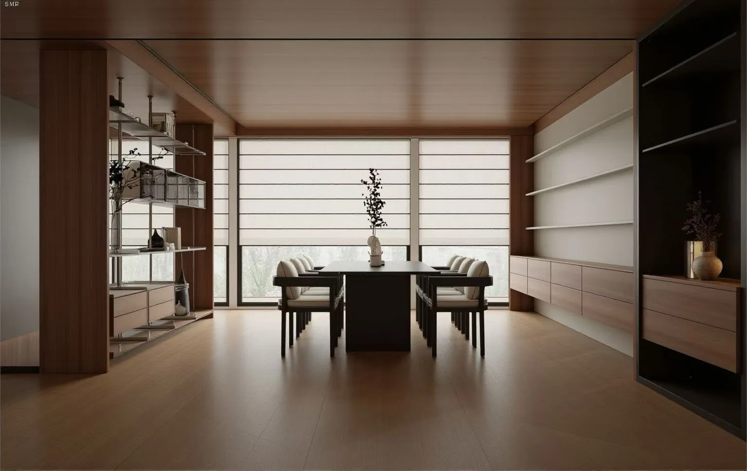 Dining room with built-in timber display shelving by a Singapore carpenter