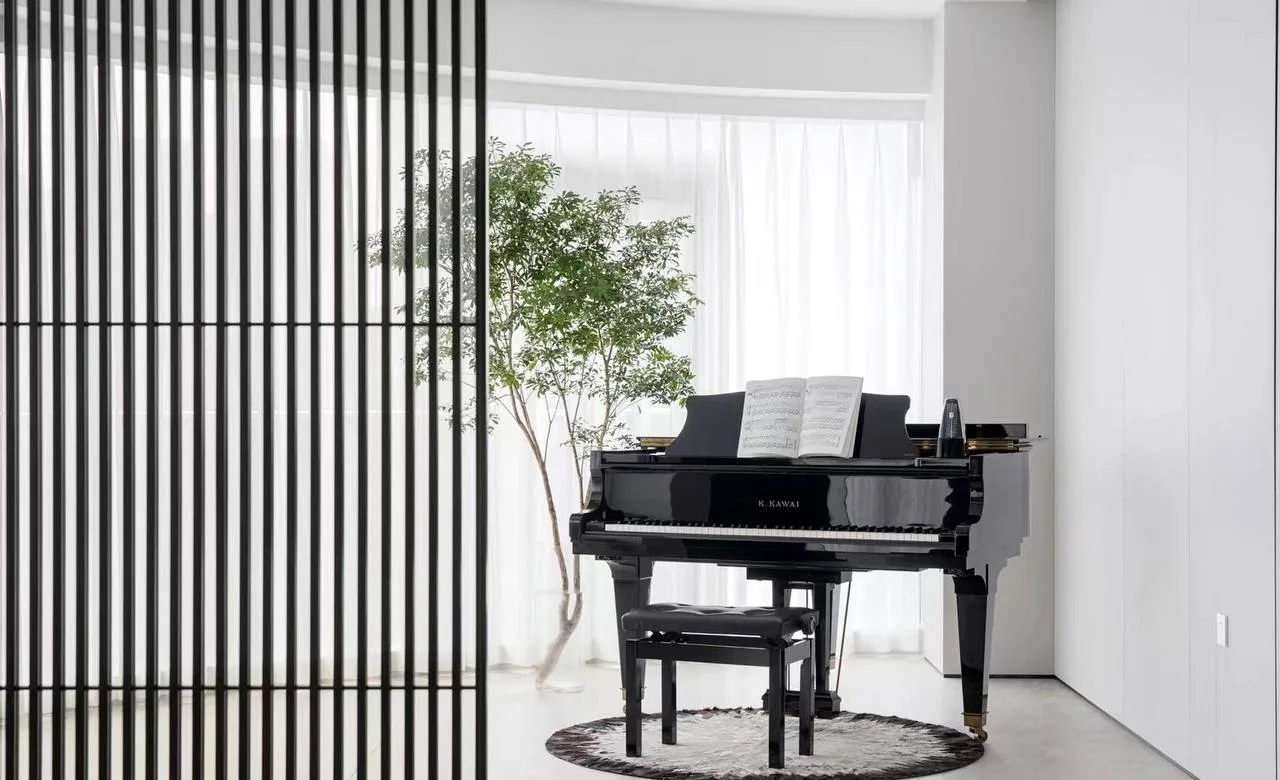 Music room with slatted timber divider