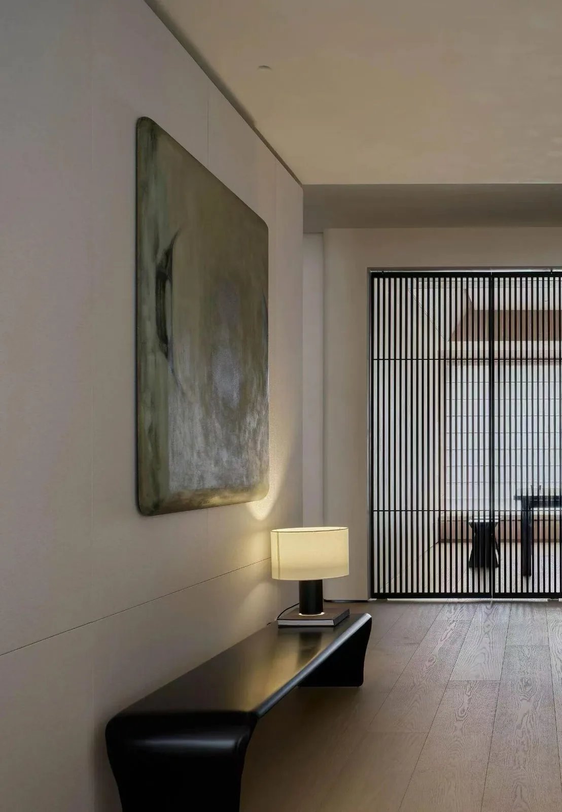 Timber slat screen partition and console in an entryway, Singapore